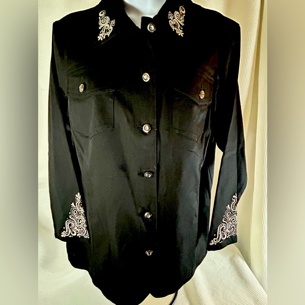Quacker Factory by Jeanne Bice black , silver embroidered , rhinestones jacket